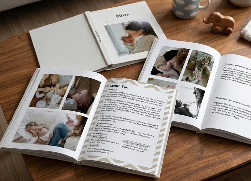 Printed family memory books open on a wooden coffee table with baby photos and journal pages.